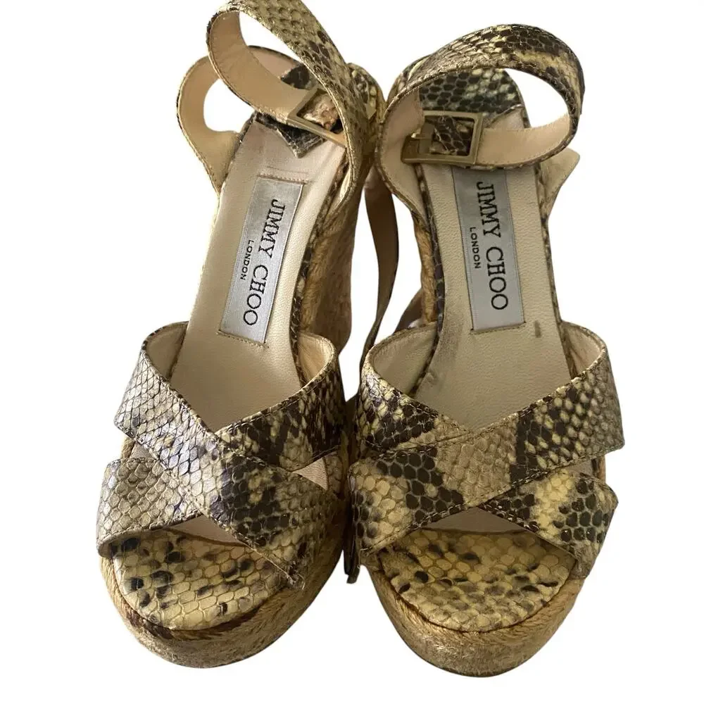 Jimmy Choo Size 35/ US 5 Python Espadrille Wedge Sandals Leather Animal Print